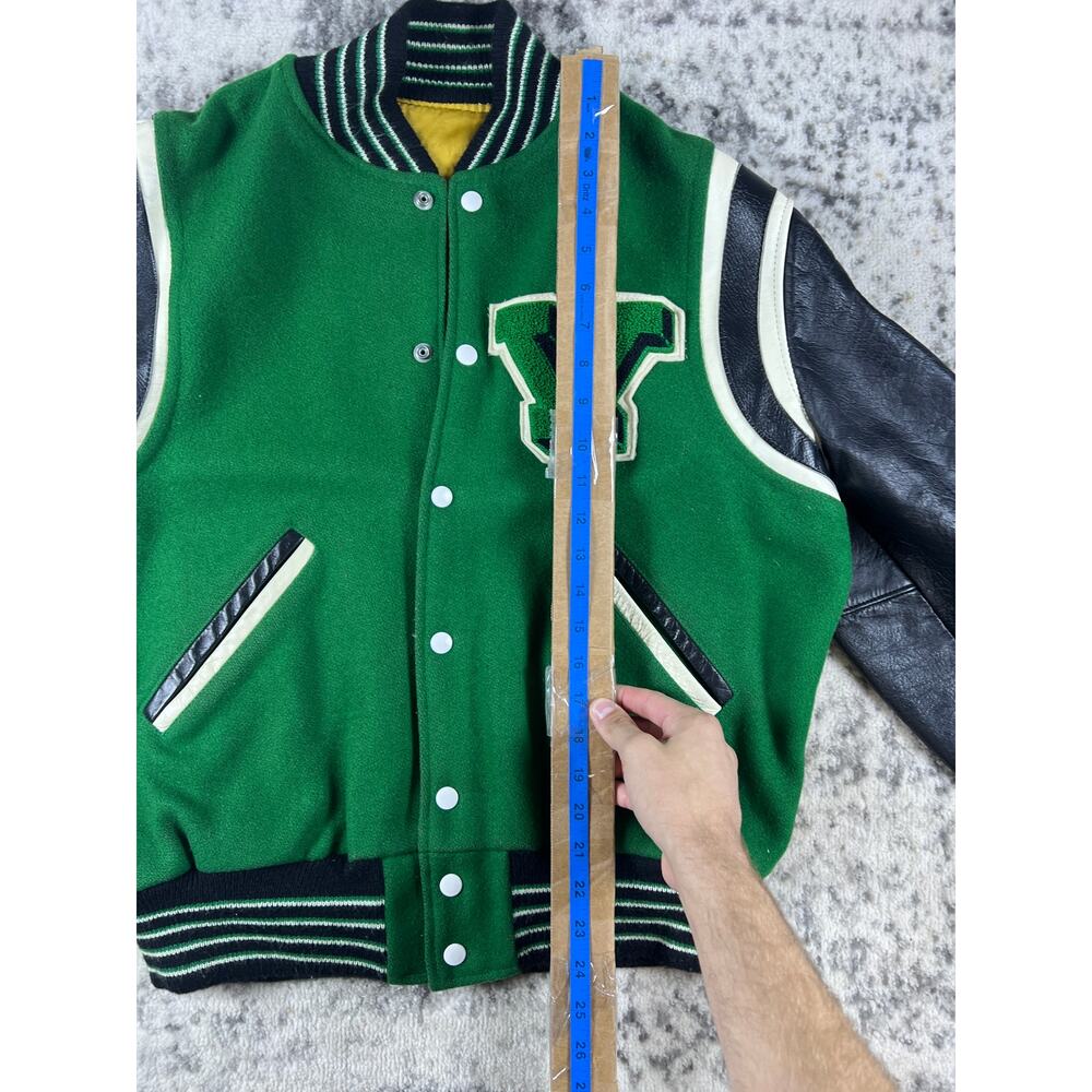 Vintage 70s Varsity Letterman Jacket Mens L Green Black Wool Leather Patch 76 - Picture 5 of 7